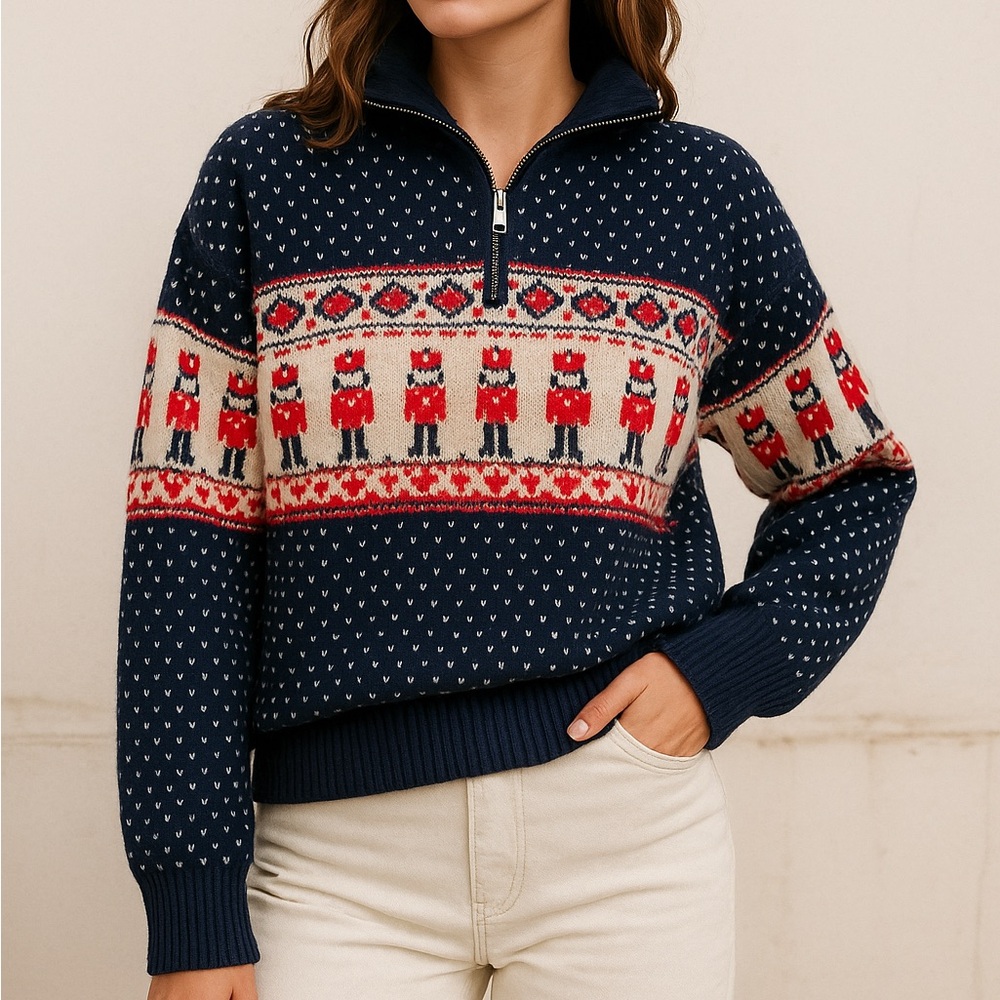 NWT Nutcracker Toy Solider Fair Isle Nordic Quarter Zip Sweater Viral Navy Blue